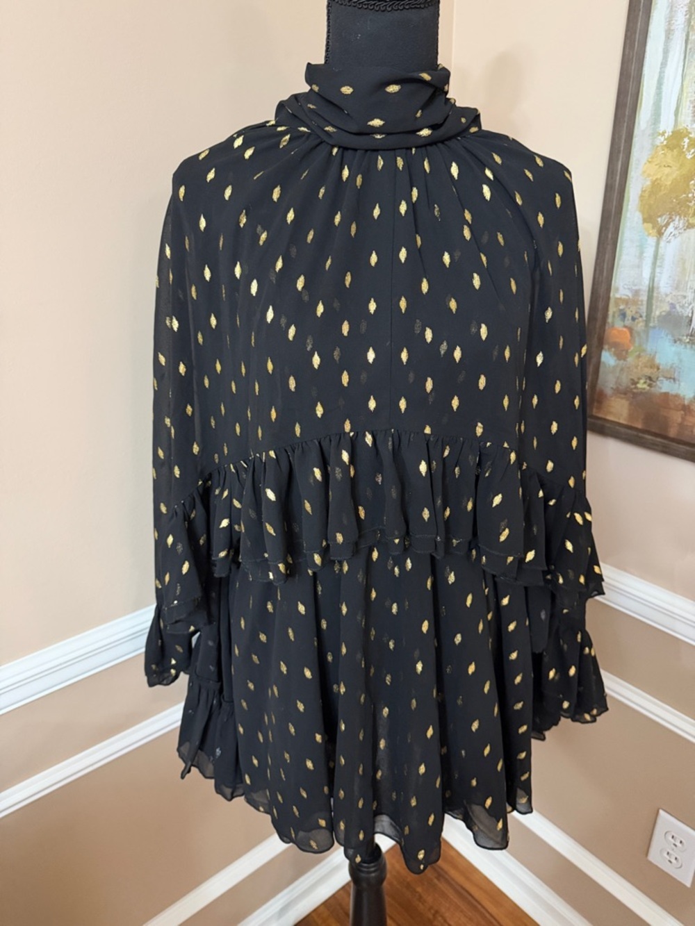 Commense Drape Black Mini Dress with Gold Metallic Dot Motif